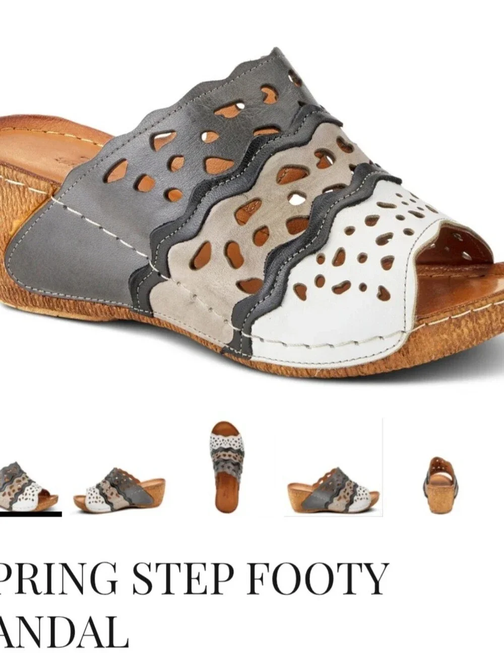 Spring Step Two-Tone Cutout Wedge Sandals in White & Gray Sz 39 (US 8.5) Summer